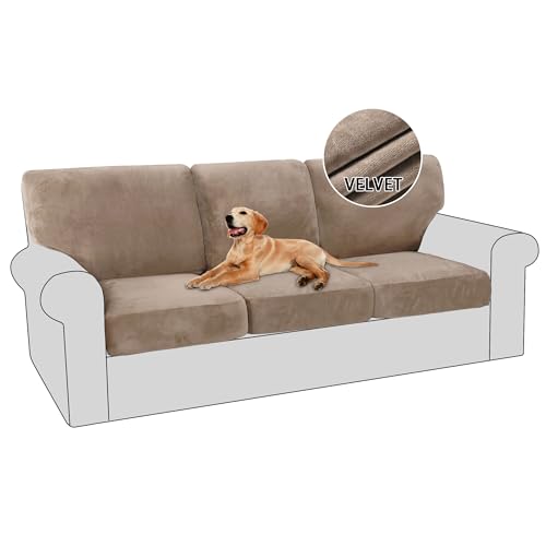 Taupe velvet machine washable sofa cover set, view 2