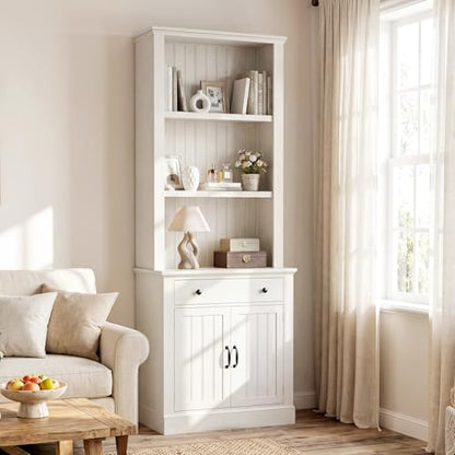 80" Tall Bookshelf with Drawer and Doors, Rustic White Bookcase, view 8