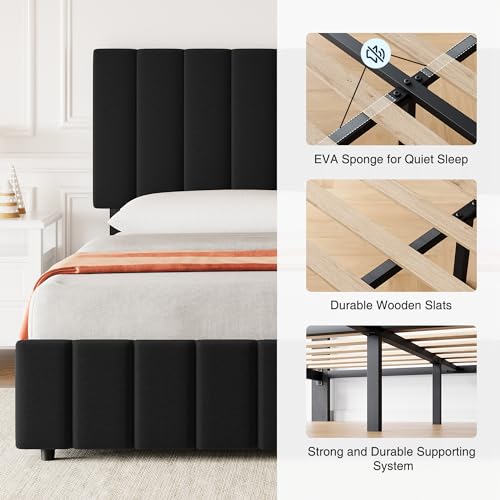 King Size Bed Frame, Linen Bed Frame with 4 Storage Drawers, Black, view 6