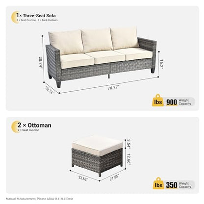 Patio Sofa 3 Pieces Patio Furniture Set Outdoor Wicker Sofa Couch with Ottomans Thick Cushions, All Weather Rattan Conversation Set for Porch Backyard Deck, Beige