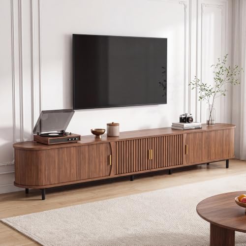 110.25" TV Stand with Sliding Cabinets, Walnut Media Console with Storage, view 2