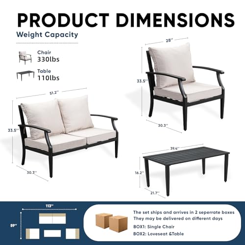 4 Piece Outdoor Patio Furniture Set, Oversized Metal Conversation Set with High Back & Deep Seating, Water-Repellent Cushions, Coffee Table for Porch, Deck, Backyard, Beige