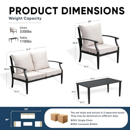 4 Piece Outdoor Patio Furniture Set, Oversized Metal Conversation Set with High Back & Deep Seating, Water-Repellent Cushions, Coffee Table for Porch, Deck, Backyard, Beige