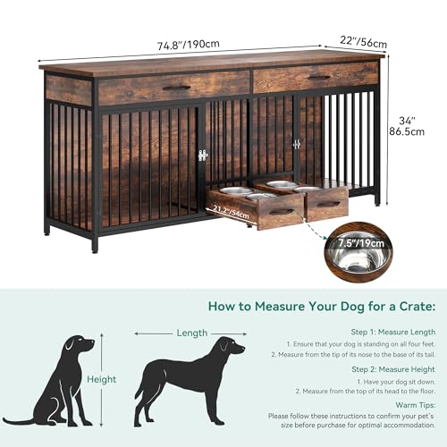 74.8" Double Dog Crate Furniture with Dog Feeder & Drawers, view 4