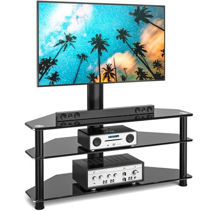 Corner Swivel Glass TV Stand with Mount for 32-70 Inch Screen TV up to 110lbs, Height Adjustable Corner TV Stand with Mount, Entertainment Center with TV Mount and 3-Tier Storage for AV Media