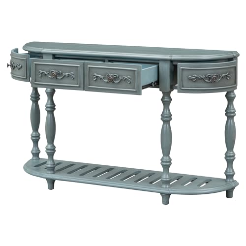 Knocbel Vintage Entry Console Table with 4 Storage Drawers and Open Slatted Shelf, Entryway Hallway Foyer Sofa Table with Legs, Easy Assembly (Antique Blue)
