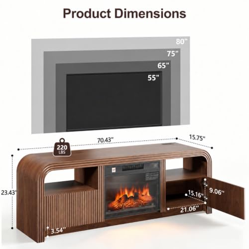 70" Fireplace TV Stand - Fluted LED Light TV Stands for Living Room, view 3