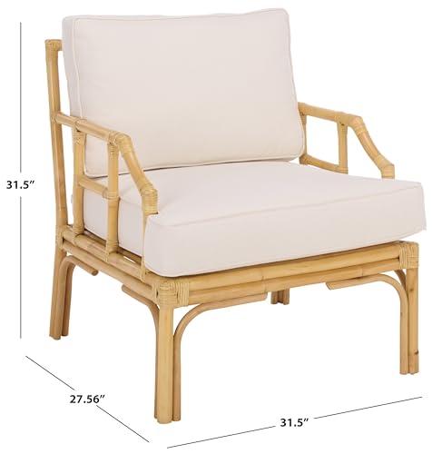 SAFAVIEH Furniture - Kazumi Accent Chair - Coastal Design White Cushion & Natural Rattan - Fully Assembled - Ideal for Living Room, Bedroom, Dining Space, 19.7" Seat Height (ACH6508B)