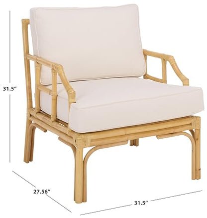 SAFAVIEH Furniture - Kazumi Accent Chair - Coastal Design White Cushion & Natural Rattan - Fully Assembled - Ideal for Living Room, Bedroom, Dining Space, 19.7" Seat Height (ACH6508B)