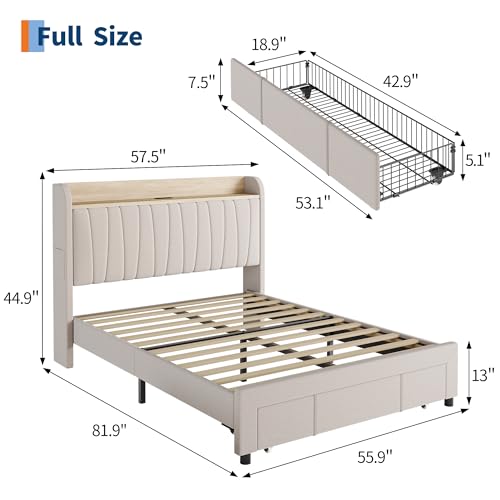 Platform Bed Frame Queen, Storage Headboard, Charging Station, Beige, view 3
