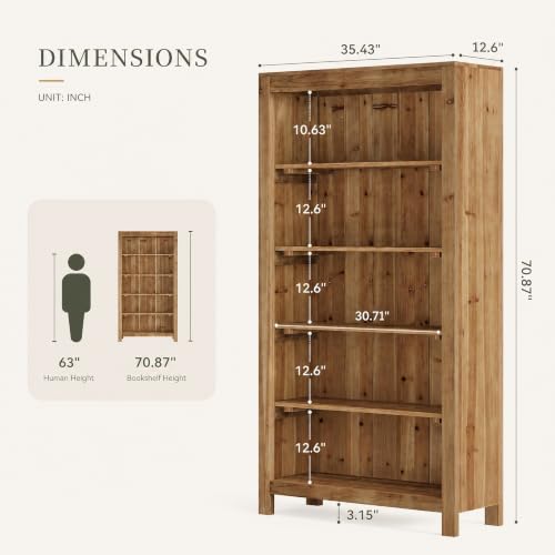 71" Solid Wood 5-Tier Tall Bookcase (1, Brown), view 3