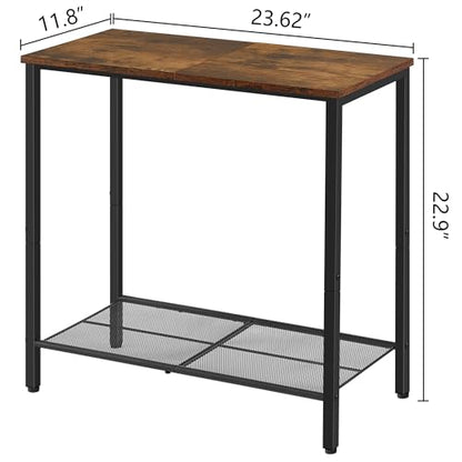 2 Tier End Table, Sofa Side Table, Narrow Side Table with Storage, Slim Nightstand for Small Spaces, Metal Frame, for Living Room, Bedroom, Sofa Couch, Hall, Rustic Brown