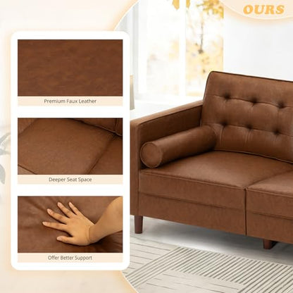 84 Inches Modern Faux Leather 3-Seat Sofa w/2 Bolster Pillows & Tufted Backrest, Mid-Century Couch, Premium 3 Seaters Sofa for Living Room, Bedroom, Office, Brown