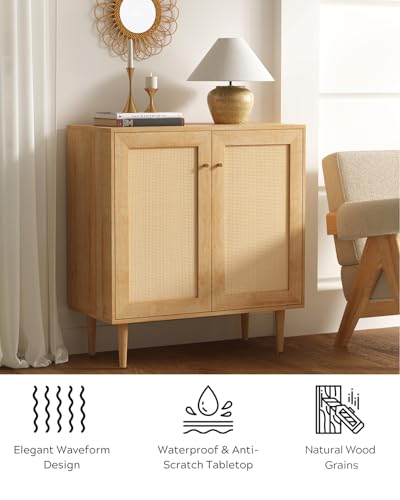 Accent Storage Cabinet Sideboard with Rattan Doors, Boho Buffet Kitchen Bar Cabinet Farmhouse Credenza Cabinets with Adjustable Shelves for Dining Room (Square Doors/Oak)