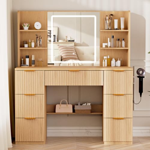 43" Large Natural Wood Makeup Vanity Desk with Charging Station, view 5