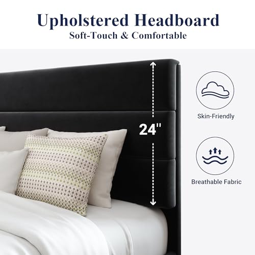 Queen Size Platform Bed Frame with Velvet Upholstered Headboard, view 5