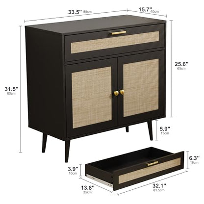 Rattan Sideboard Buffet, Boho Kitchen Cabinet with Drawer & 2 Doors, Modern Mid Century Accent Cabinet with Adjustable Shelf, Coffee Bar for Living Room, Entryway, Kitchen, Black
