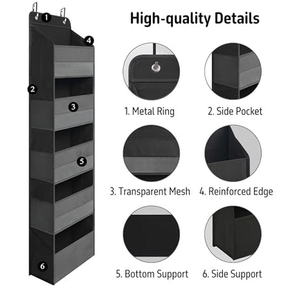 TYMENSH Black Over Door Organizer with 5 Large Clear Pockets and 6 Side Mesh, view 4