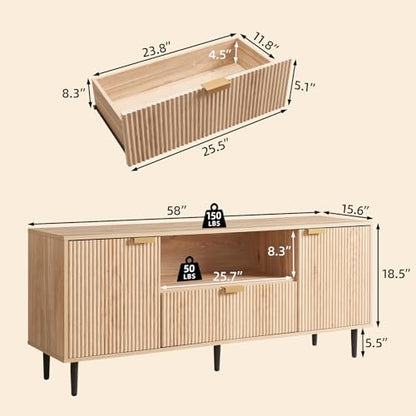 Modern Fluted TV Stand for 65 Inch TVs with Drawer, Oak | Modern fluted TV stand with drawer, storage cabinets, soft-close hinges and cable management, perfect for living rooms.
