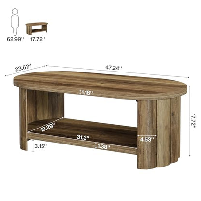 47.24" Oval Coffee Table, 2-Tier Coffee Table with Storage Shelf, Farmhouse Wooden Accent Center Tables with Dual Base for Living Room Bedroom Apartment