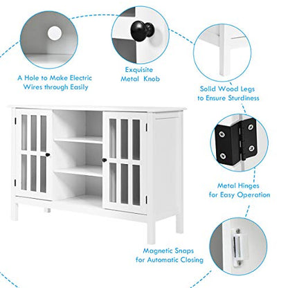 White TV Stand, Modern Tall Entertainment Center for TVs up to 50", Media Console w/2 Storage Cabinets & 3 Open Shelves, Wire Hole, Wood TV Console Table for Living Room, White