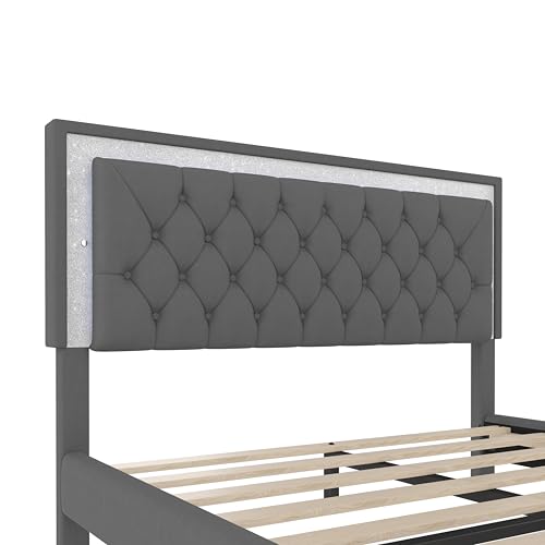 Linique 3-Pieces Bedroom Sets, Queen Size Velvet Upholstered Platform Bed Frame with LED Lights and Two Nightstands, Wooden Platform Bed with Button Tufted Headboard, Grey