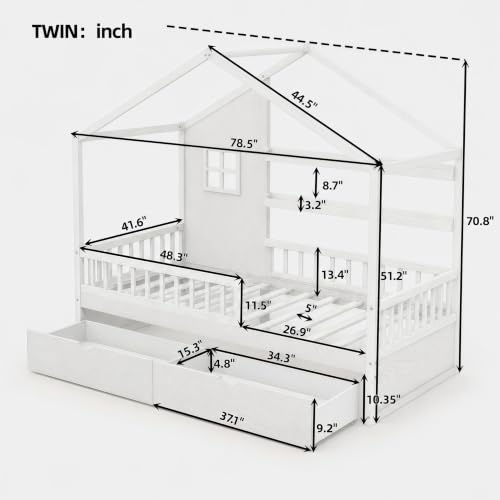 Twin House Bed for Kids with 2 Drawers & Canopy, Montessori Floor Bed with Rails, view 3