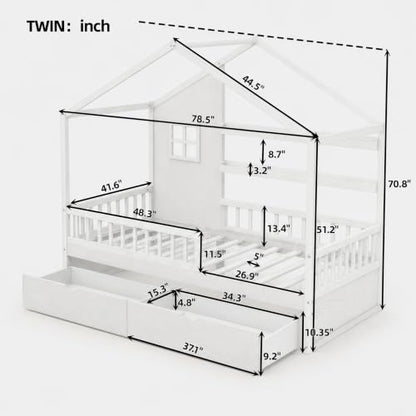 Twin House Bed for Kids with 2 Drawers & Canopy, Montessori Floor Bed with Rails, view 3