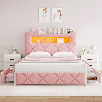 Velvet Princess Bed with Storage, Charging, Pink, view 8