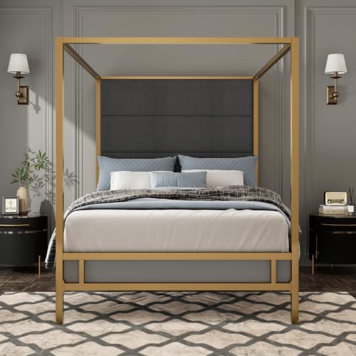 Queen Size Canopy Bed with Upholstered Headboard and Storage,Gold+Dark Grey, view 5