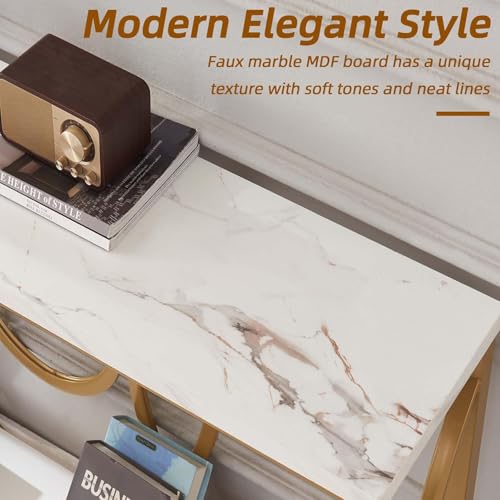 55 Inch Modern Entryway Console Table, White & Gold Faux Marble Top Engineered Wood Sofa Table with 2-Tier Open Storage, Entry Table for Hallway & Living Room