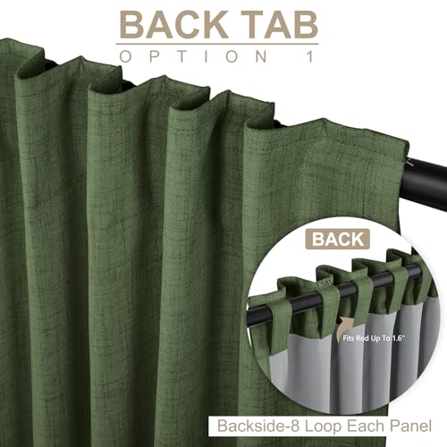 Linen Blackout Curtains for Bedroom 90 Inches Long, Back Tab/Rod Pocket Living Room Drapes, Thermal Insulated Blackout Curtains 2 Panels Set, 50" W x 90" L, Moss Green