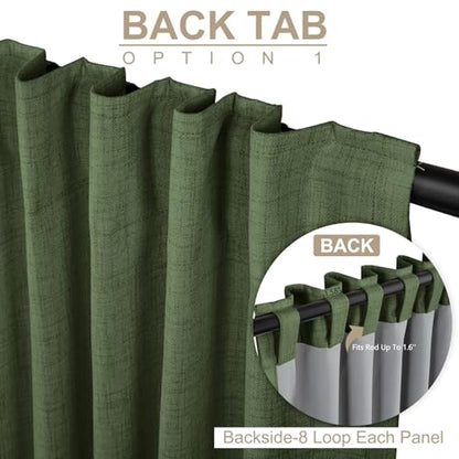 Linen Blackout Curtains for Bedroom 90 Inches Long, Back Tab/Rod Pocket Living Room Drapes, Thermal Insulated Blackout Curtains 2 Panels Set, 50" W x 90" L, Moss Green