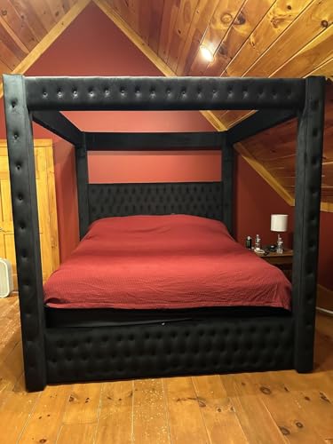 Velvet Canopy Bed Frame King - Upholstered Four Poster Bed Frame with Tufted Headboard and Footboard, Luxury Bed Frame with Wood Slats for Bedroom Furniture, Box Spring Required, Black