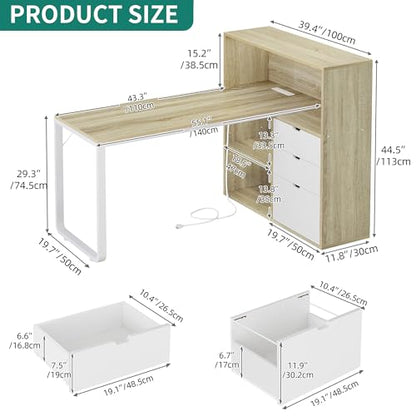 55" L Shaped Corner Computer Desk with Drawers & Power, White Oak, view 3