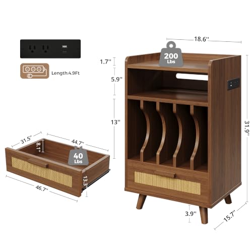 Record Player Stand with Power Outlets, Vinyl Storage Cabinet,Brown, view 3