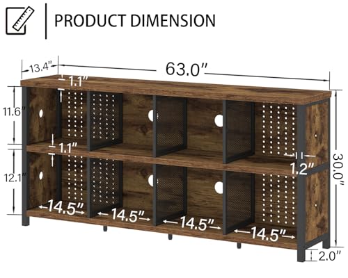 Rustic Horizontal Bookshelf, Industrial Bookcase Cube Storage Organizer, Wide Large Metal Wooden Office Cube Shelf, Farmhouse Low Long Book Shelf for Home Bedroom Living Room, Rustic Brown, 63 in