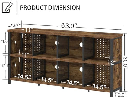 Rustic Horizontal Bookshelf, Industrial Bookcase Cube Storage Organizer, Wide Large Metal Wooden Office Cube Shelf, Farmhouse Low Long Book Shelf for Home Bedroom Living Room, Rustic Brown, 63 in