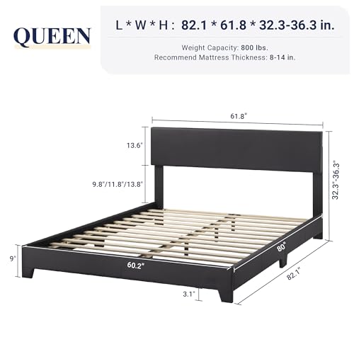 Queen Size Faux Leather Bed Frame, Adjustable Headboard, Black, view 3