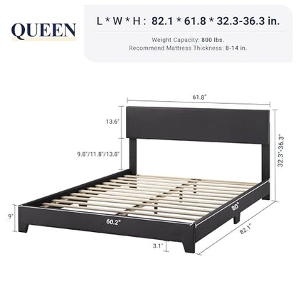 Queen Size Faux Leather Bed Frame, Adjustable Headboard, Black, view 3