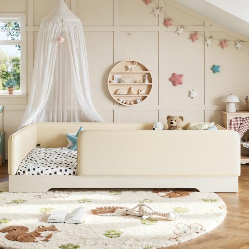 JIVOIT Twin Size Upholstered Floor Bed with Removable Guardrails | Montessori Floor Bed, Low Profile Platform Bed, Faux Leather, Removable Side Panels, Wood Slats Support, No Box Spring Needed