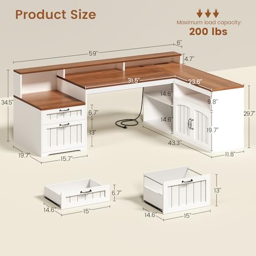 59" Farmhouse L Shaped Desk with Drawer and Storage,Walnut and White, view 3