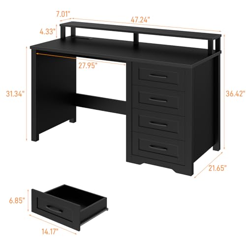 47" Farmhouse Executive Desk with 4 Drawers,LED Lights, Pure Black, view 3