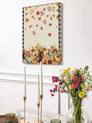 NuYeBiofx Thanksgiving Pumpkins Squirrel Canvas Wall Art Prints,48"x32" Framed Picture Artwork Maple Leaves Black Plaid Printed Canvas Oil Painting for Living Room Bedroom Office,Ready to Hang