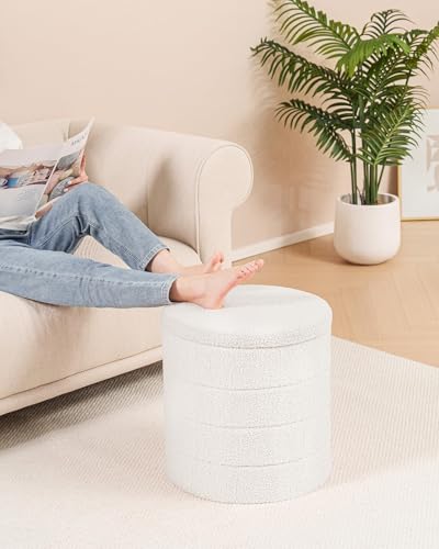Ottoman with Stroage, Round Sherpa Storage Ottoman Stool, Boucle Foot Rest 16.9"x16.9"x17.7"（White