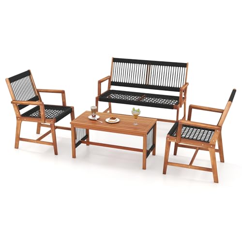 4 Pieces Patio Furniture Set Acacia Wood Conversation Set with Hand-Woven Rope Design, Ergonomic Loveseat & Single Chairs, Wooden Chair & Table Set for Porch Yard Poolside