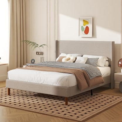 Queen Size Linen Platform Bed Frame with Wingback Upholstered Headboard, view 8