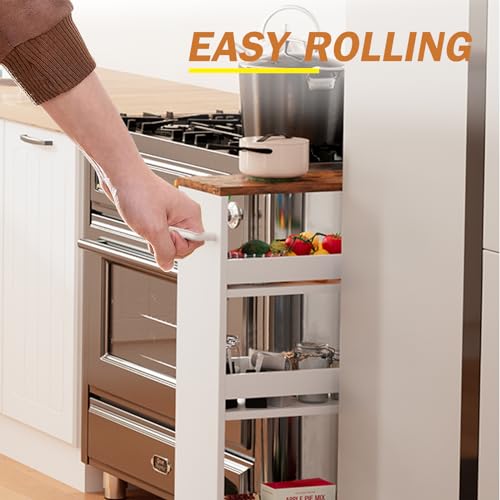 Slim Rolling Storage Cart, Wood 4-Tier Narrow Kitchen/Laundry Cart, view 5