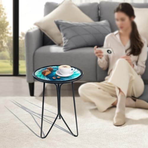 Patio Side Table, Small Round End Table, Metal Side Table Outdoor, Small Porch Table for Indoor Balcony Furniture Decor (Blue Glass 12inch)
