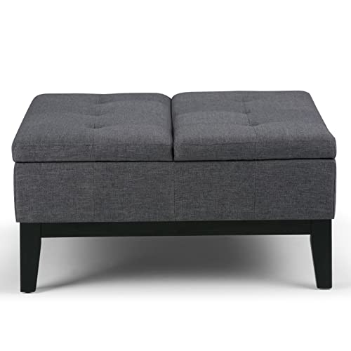 Dover 36 inch Wide Contemporary Square Coffee Table Storage Ottoman in Slate Grey Linen Look Fabric, Assembled, For the Living Room and Bedroom